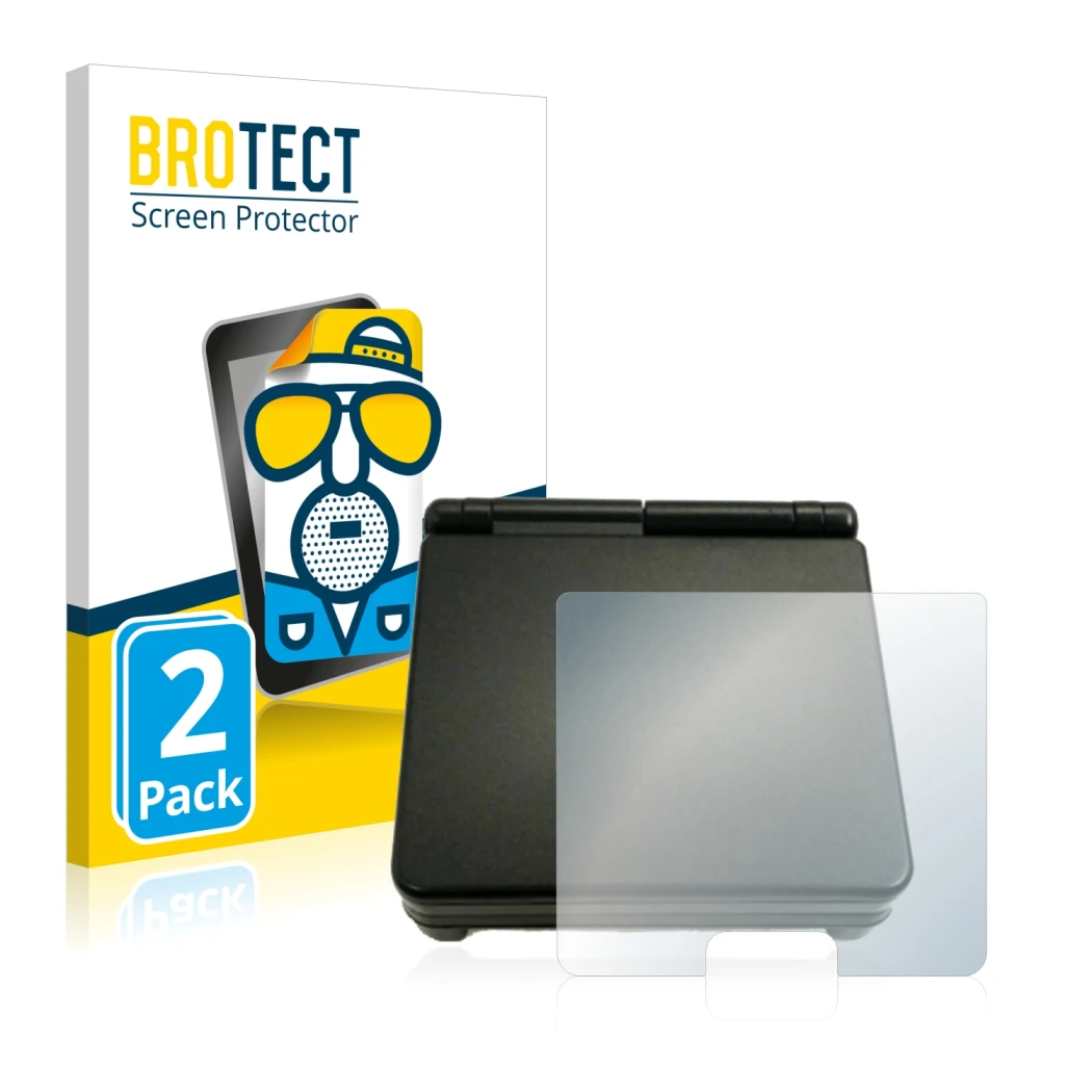 Front side of a product packaging with the brand logo BROTECT. Next to it is the device Nintendo Gameboy Advance SP (housing) 