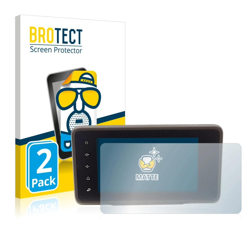 Front side of a product packaging with the brand logo BROTECT. Next to it is the device Dacia Duster 2 MediaDisplay shown with