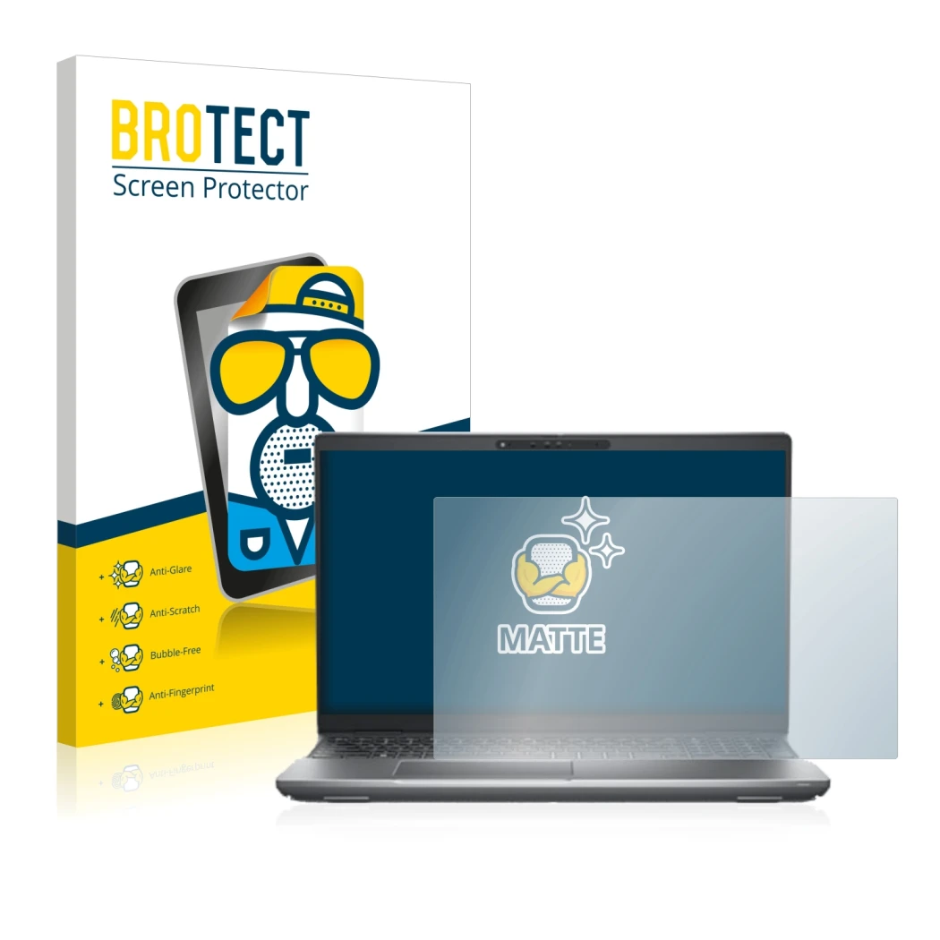Front side of a product packaging with the brand logo BROTECT. Next to it is the device Dell Latitude 5531 shown with the corr