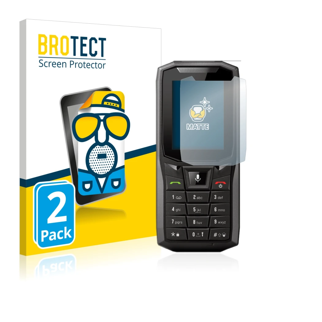 Front side of a product packaging with the brand logo BROTECT. Next to it is the device Crosscall Core-S4 shown with the corre
