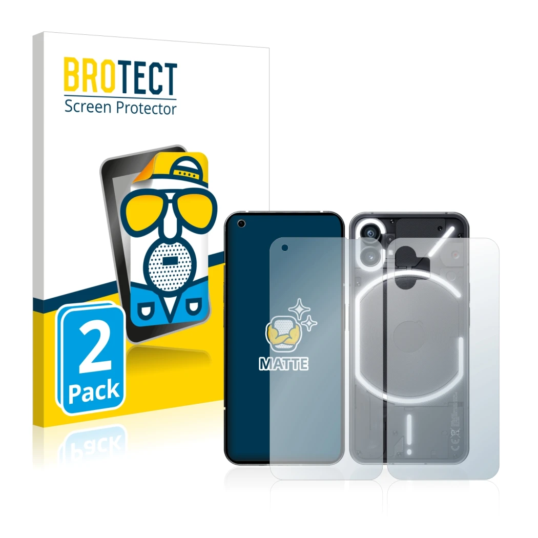 Front side of a product packaging with the brand logo BROTECT. Next to it is the device Nothing Phone (1) (Front+Back) shown w