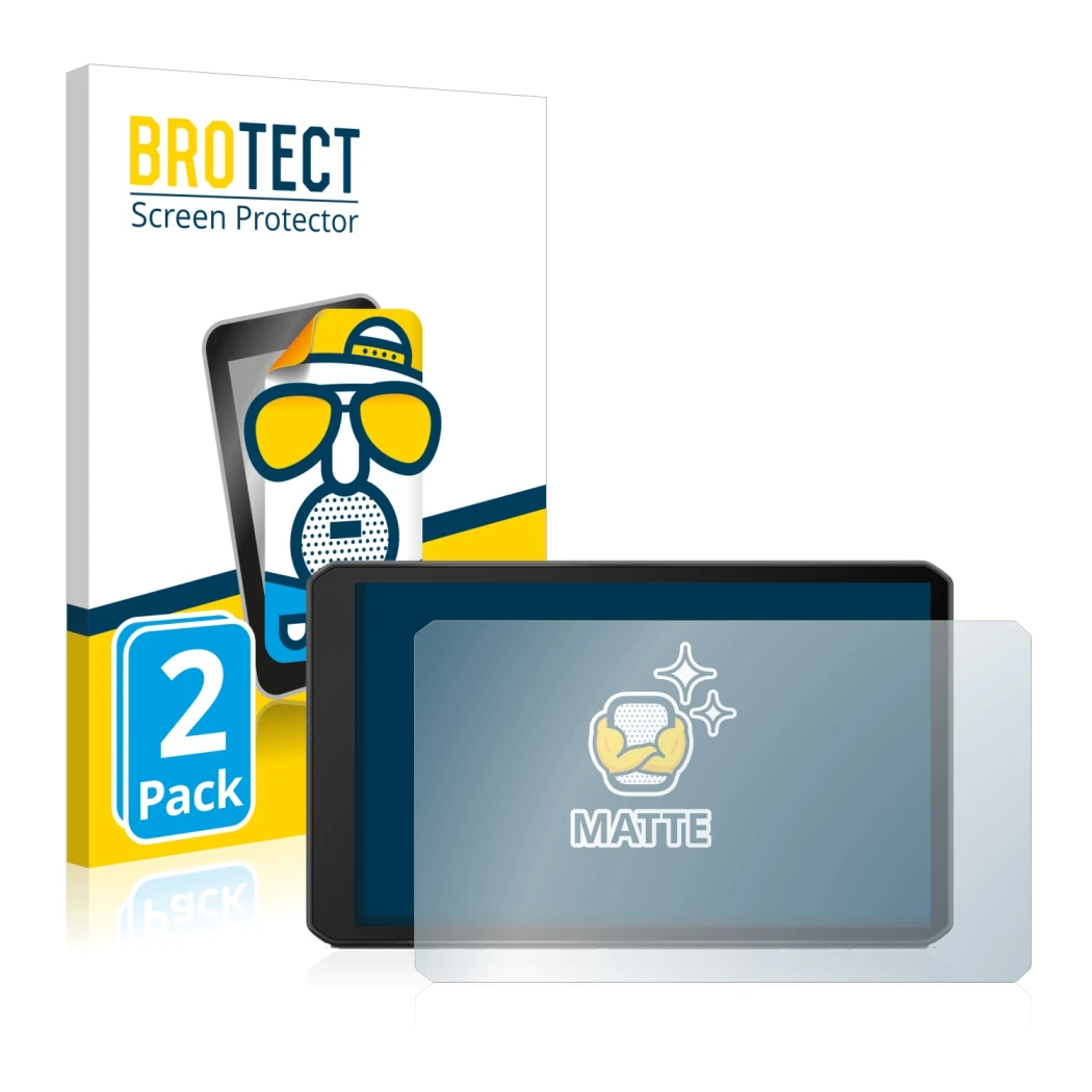 Front side of a product packaging with the brand logo BROTECT. Next to it is the device Garmin dezl LGV710 shown with the corr