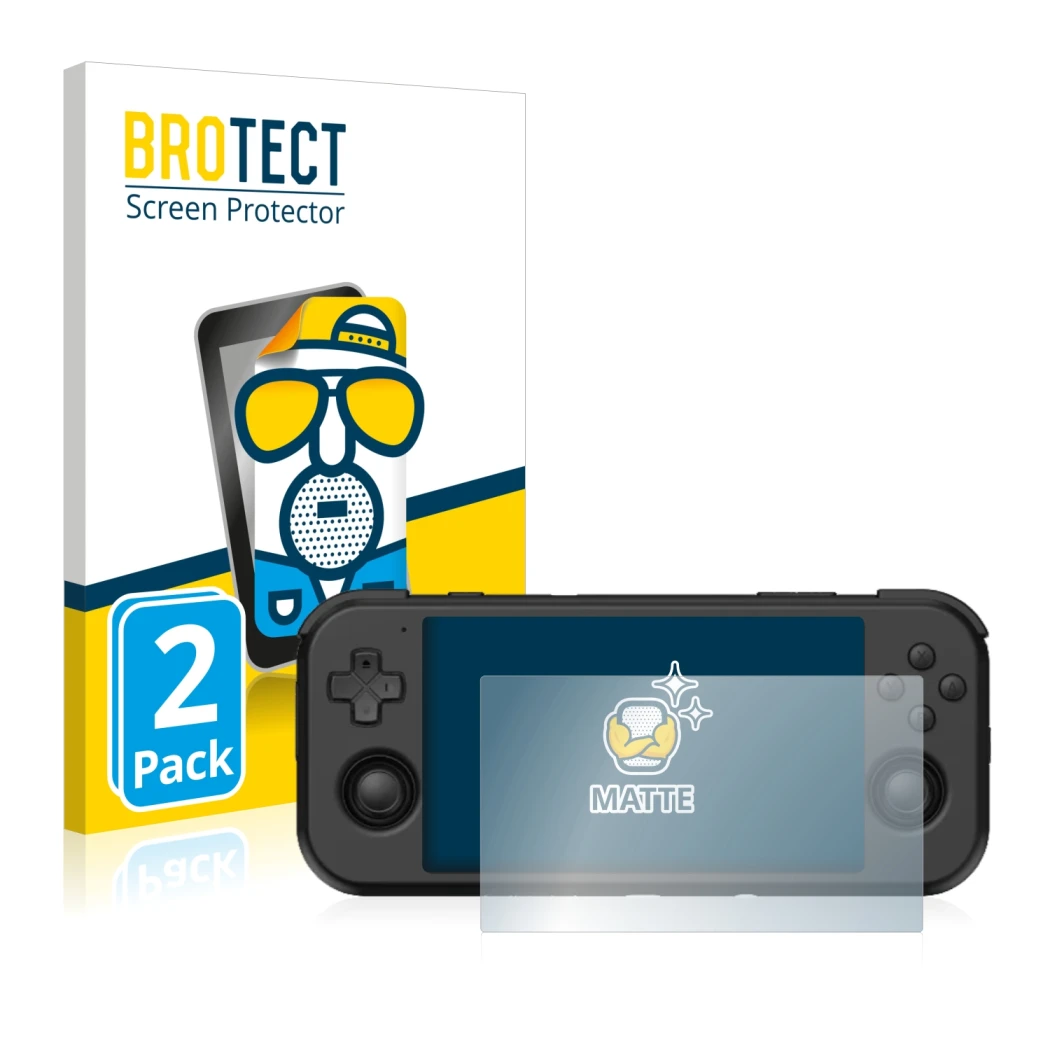 Front side of a product packaging with the brand logo BROTECT. Next to it is the device Retroid Pocket 3 shown with the corres