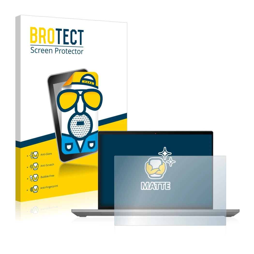 Front side of a product packaging with the brand logo BROTECT. Next to it is the device Lenovo ThinkPad P14s Gen 3 shown with