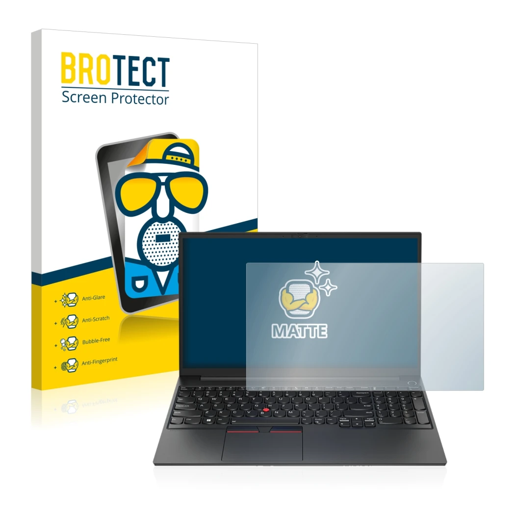 Front side of a product packaging with the brand logo BROTECT. Next to it is the device Lenovo ThinkPad E15 Gen 4 shown with t