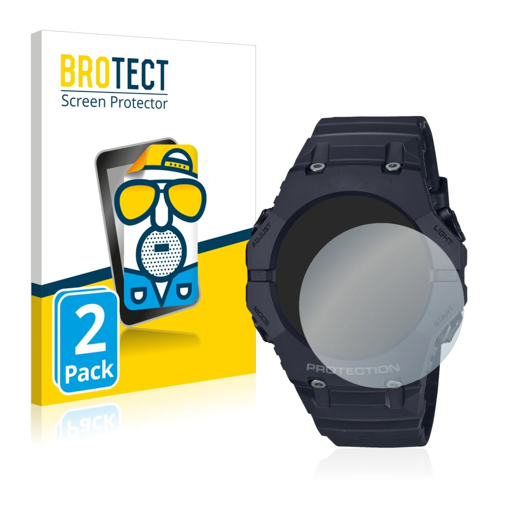 Front side of a product packaging with the brand logo BROTECT. Next to it is the device Casio G-Shock GA-B001 shown with the c
