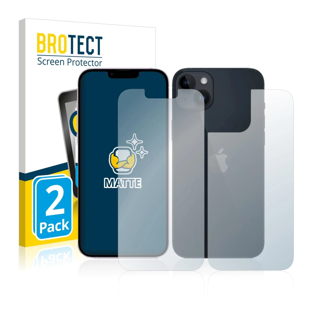 Front side of a product packaging with the brand logo BROTECT. Next to it is the device Apple iPhone 14 (Front+Back) shown wit