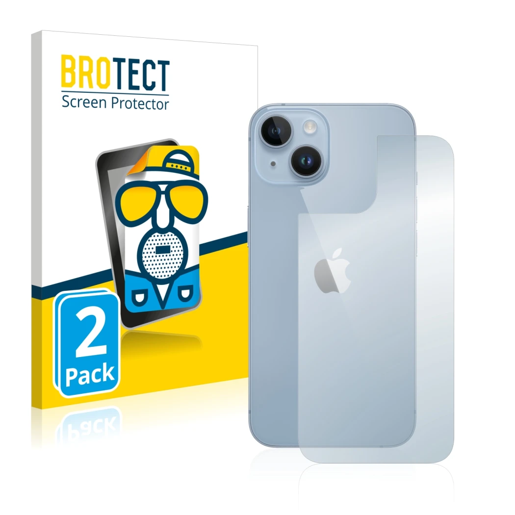 Front side of a product packaging with the brand logo BROTECT. Next to it is the device Apple iPhone 14 (Back) shown with the 