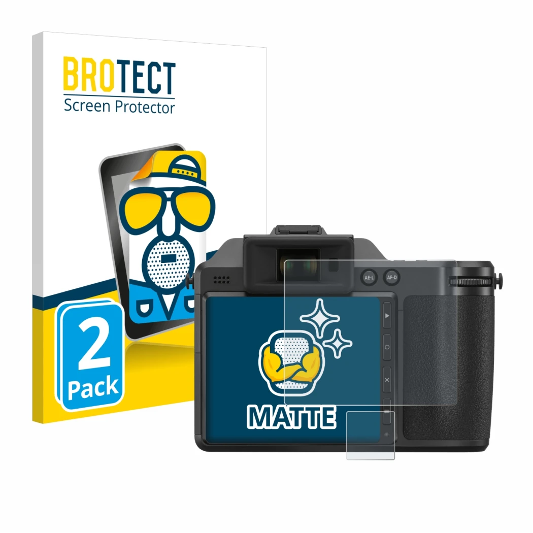 Front side of a product packaging with the brand logo BROTECT. Next to it is the device Hasselblad X2D 100C shown with the cor