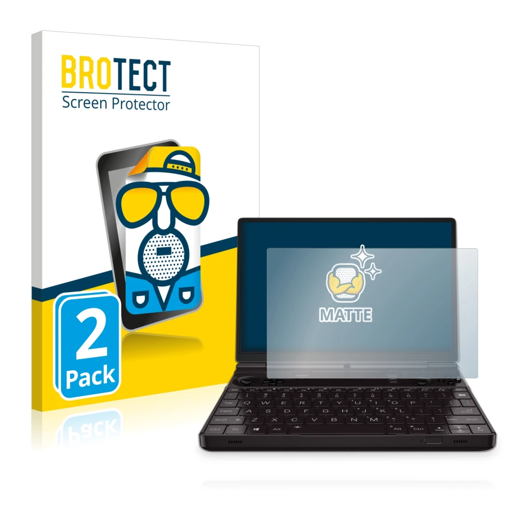 Front side of a product packaging with the brand logo BROTECT. Next to it is the device GPD Win Max 2 shown with the correspon