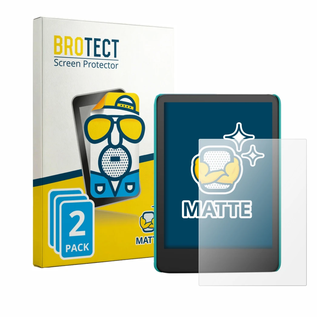 Front side of a product packaging with the brand logo BROTECT. Next to it is the device Amazon Kindle Kids (2022) shown with t