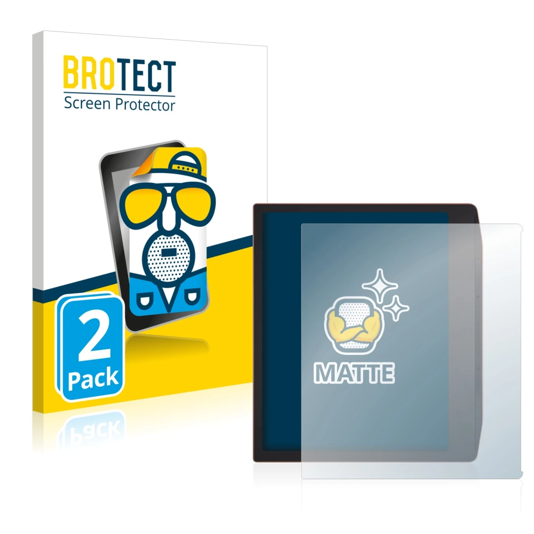 Front side of a product packaging with the brand logo BROTECT. Next to it is the device PocketBook Era shown with the correspo