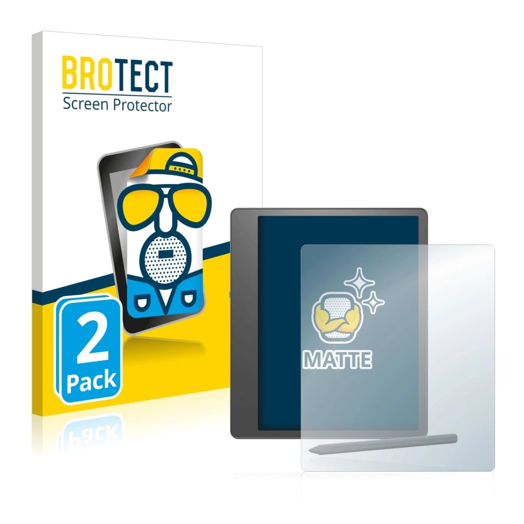 Front side of a product packaging with the brand logo BROTECT. Next to it is the device Amazon Kindle Scribe shown with the co