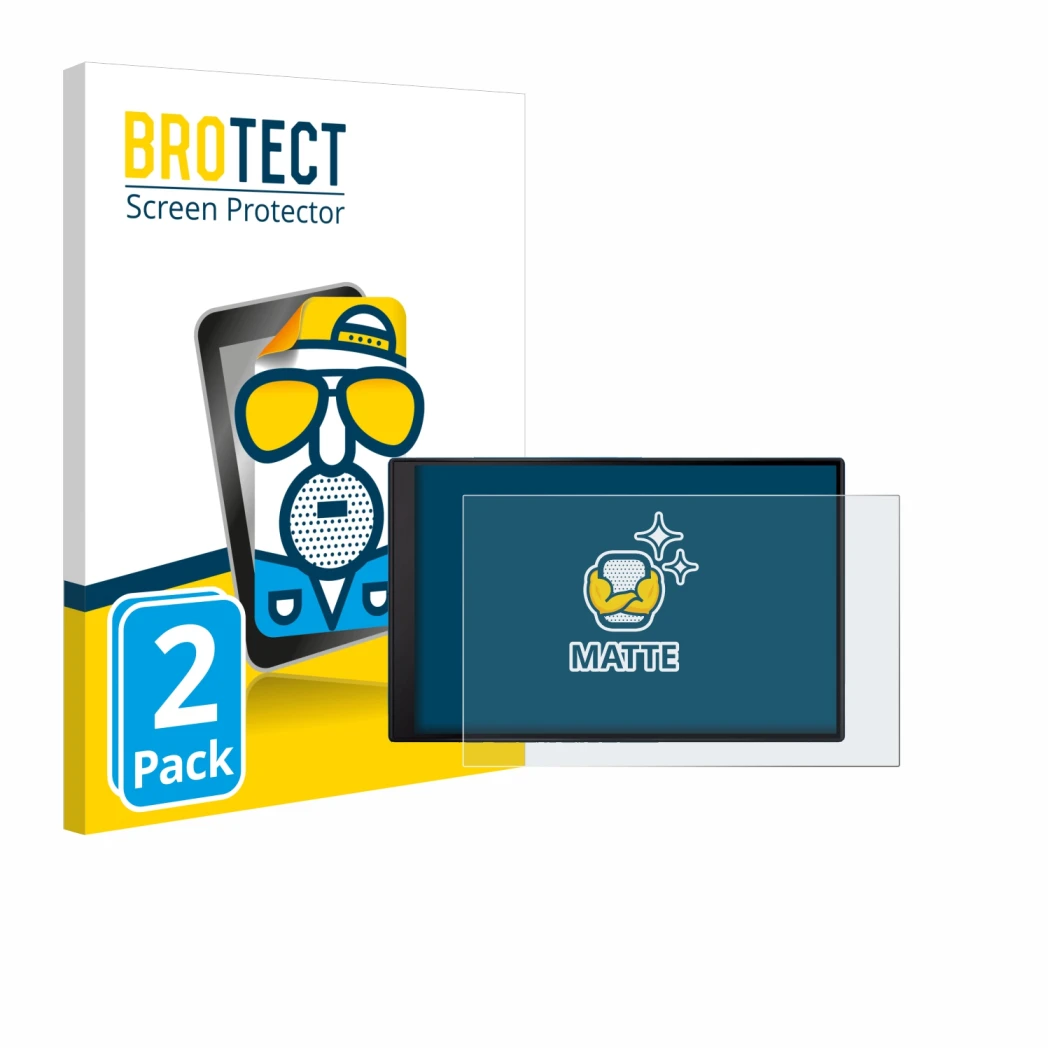 Front side of a product packaging with the brand logo BROTECT. Next to it is the device Garmin DriveSmart 86 shown with the co