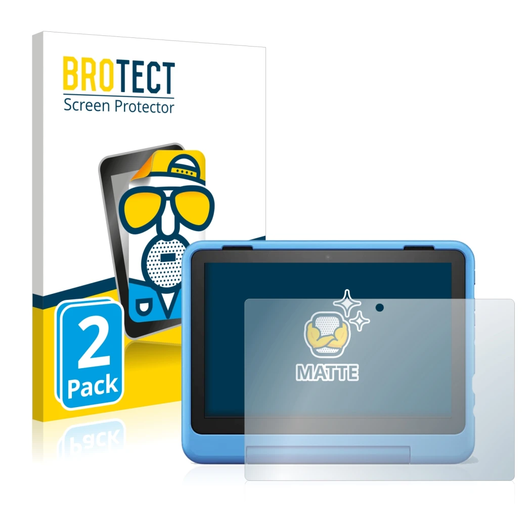 Front side of a product packaging with the brand logo BROTECT. Next to it is the device Amazon Fire HD 8 Kids Pro 2022 shown w