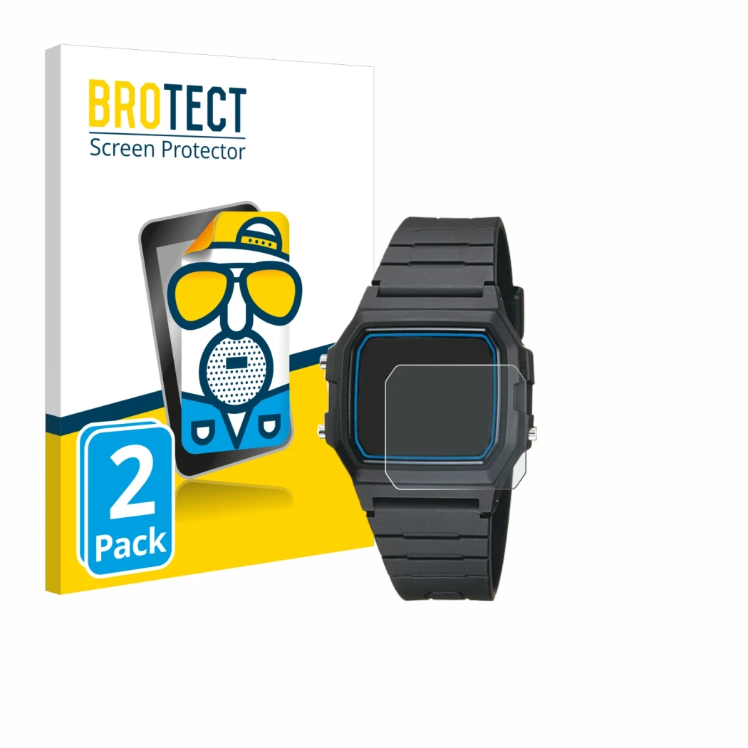 Front side of a product packaging with the brand logo BROTECT. Next to it is the device Casio F-105W-1AWYEF shown with the cor