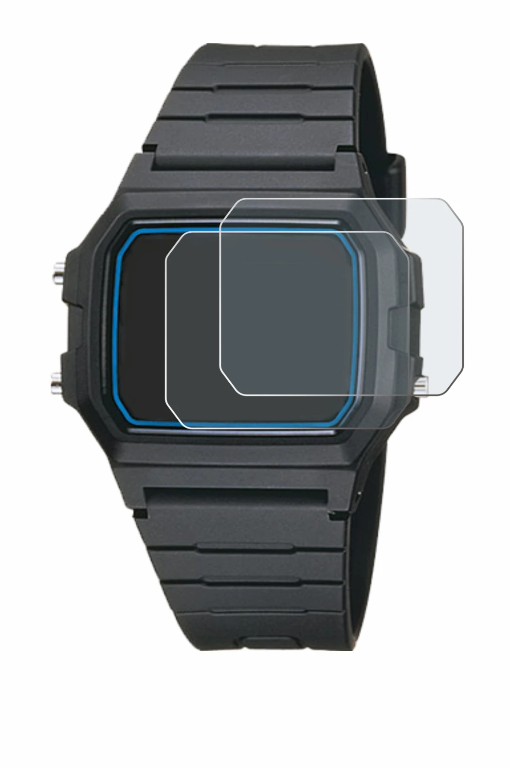 Image of the device Casio F-105W-1AWYEF with a wide variety of screen protectors.