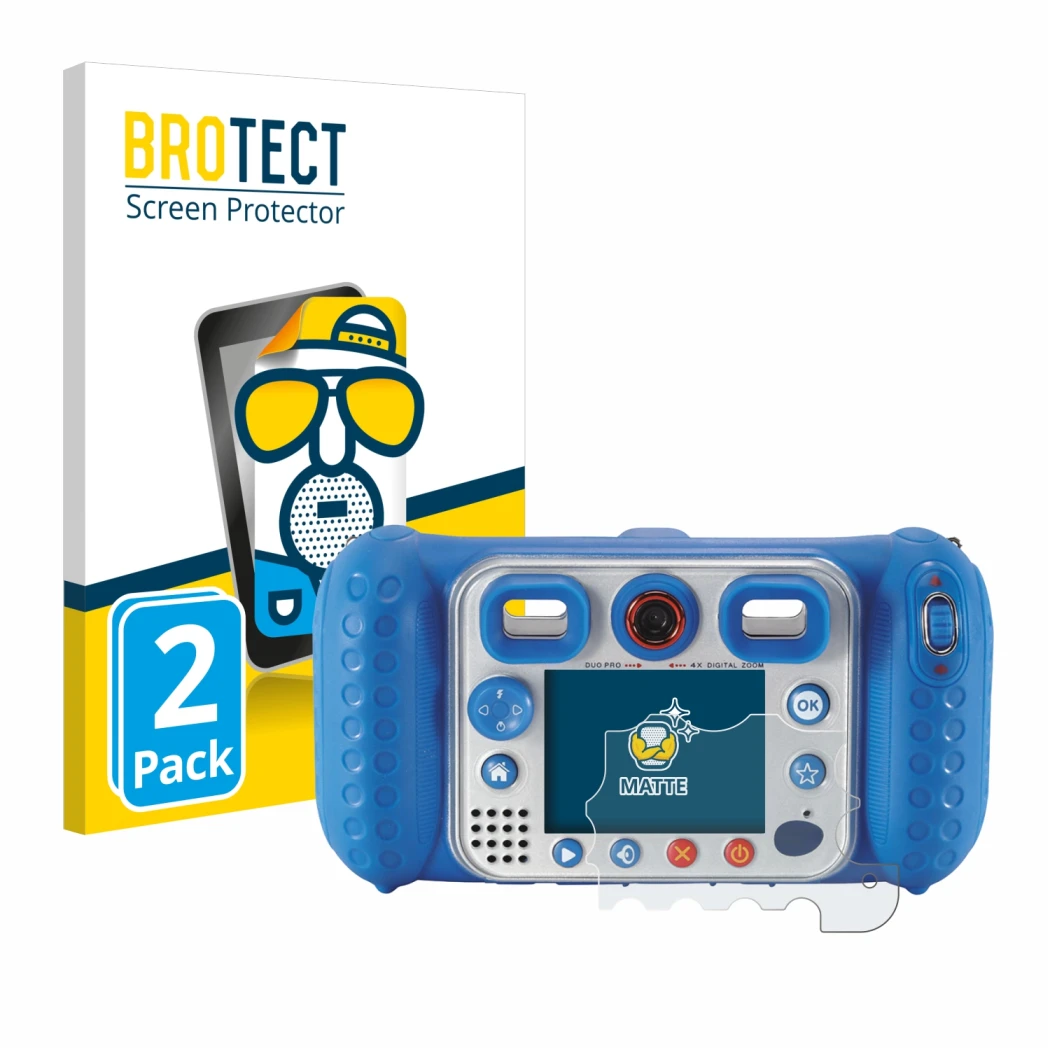 Front side of a product packaging with the brand logo BROTECT. Next to it is the device Vtech Kidizoom Duo Pro shown with the