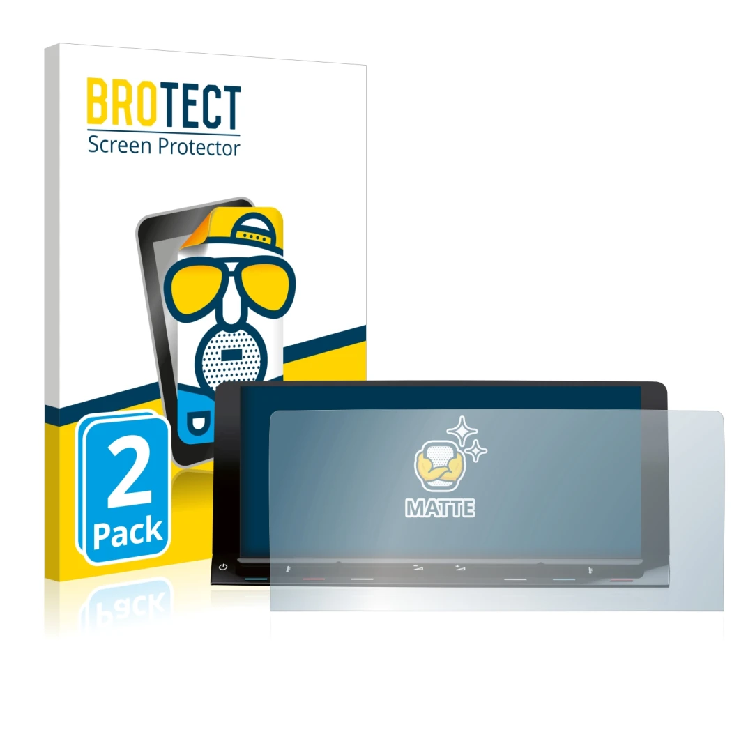 Front side of a product packaging with the brand logo BROTECT. Next to it is the device Volkswagen T7 Multivan Life Discover M