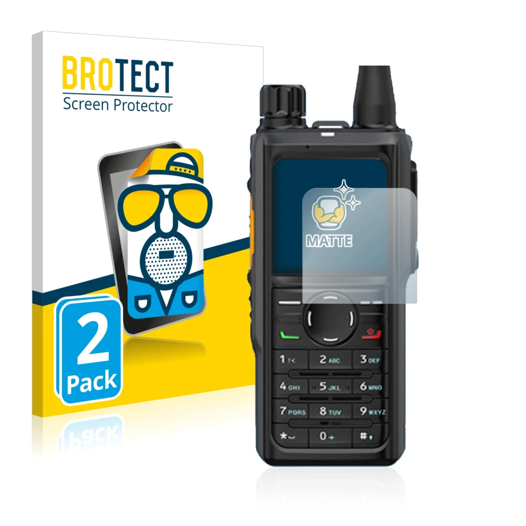 Front side of a product packaging with the brand logo BROTECT. Next to it is the device Hytera HP 685 shown with the correspon