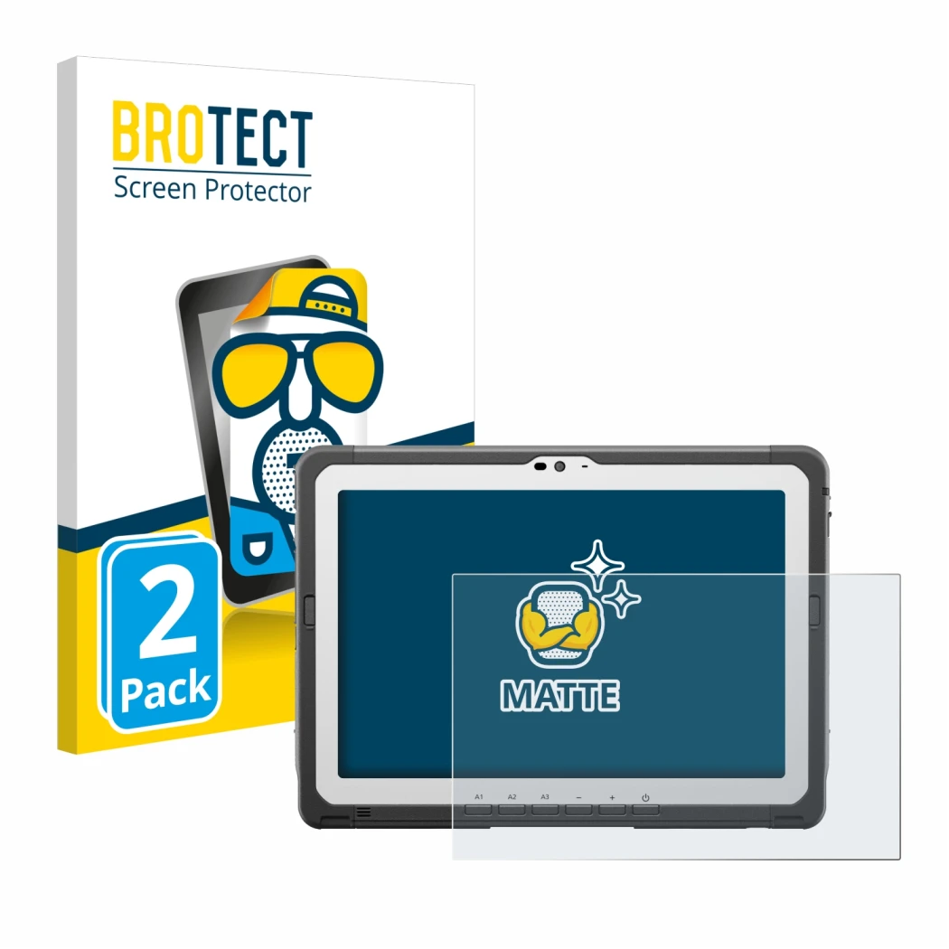 Front side of a product packaging with the brand logo BROTECT. Next to it is the device Panasonic Toughbook FZ-A3 shown with t