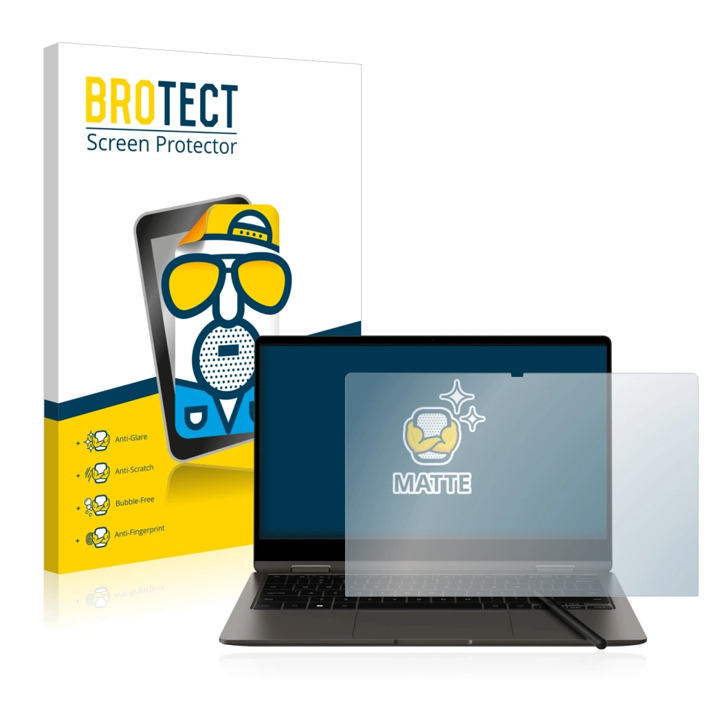 Front side of a product packaging with the brand logo BROTECT. Next to it is the device Samsung Galaxy Book3 360 13