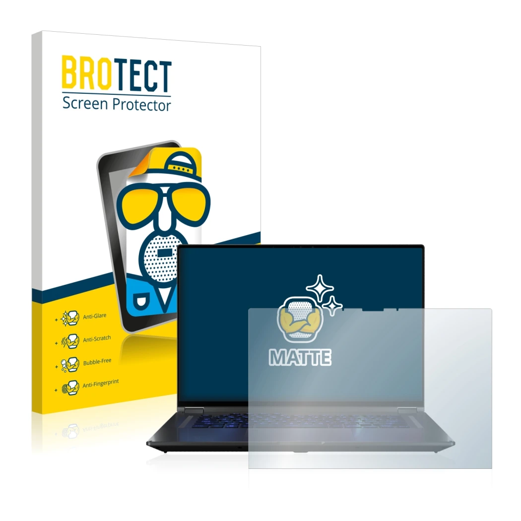 Front side of a product packaging with the brand logo BROTECT. Next to it is the device ASUS ROG Flow X16 shown with the corre