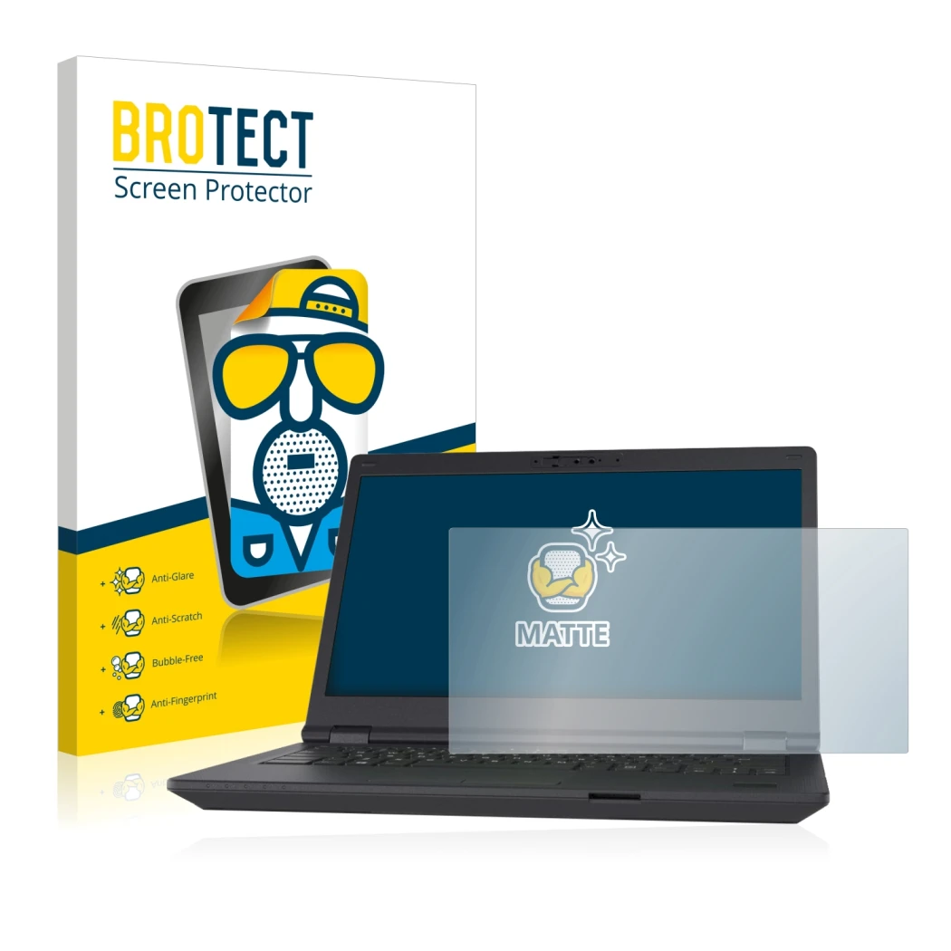 Front side of a product packaging with the brand logo BROTECT. Next to it is the device Fujitsu Lifebook E5411 shown with the 