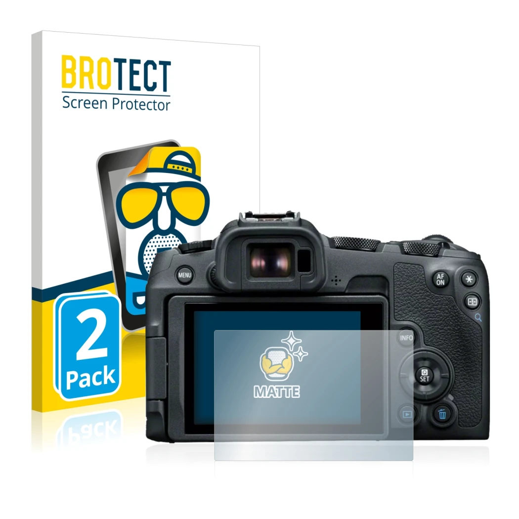 Front side of a product packaging with the brand logo BROTECT. Next to it is the device Canon EOS R8 shown with the correspond