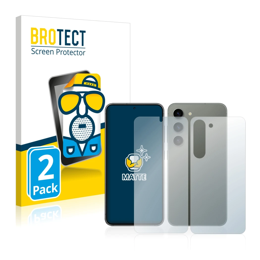 Front side of a product packaging with the brand logo BROTECT. Next to it is the device Samsung Galaxy S23 (Front+Back) shown 