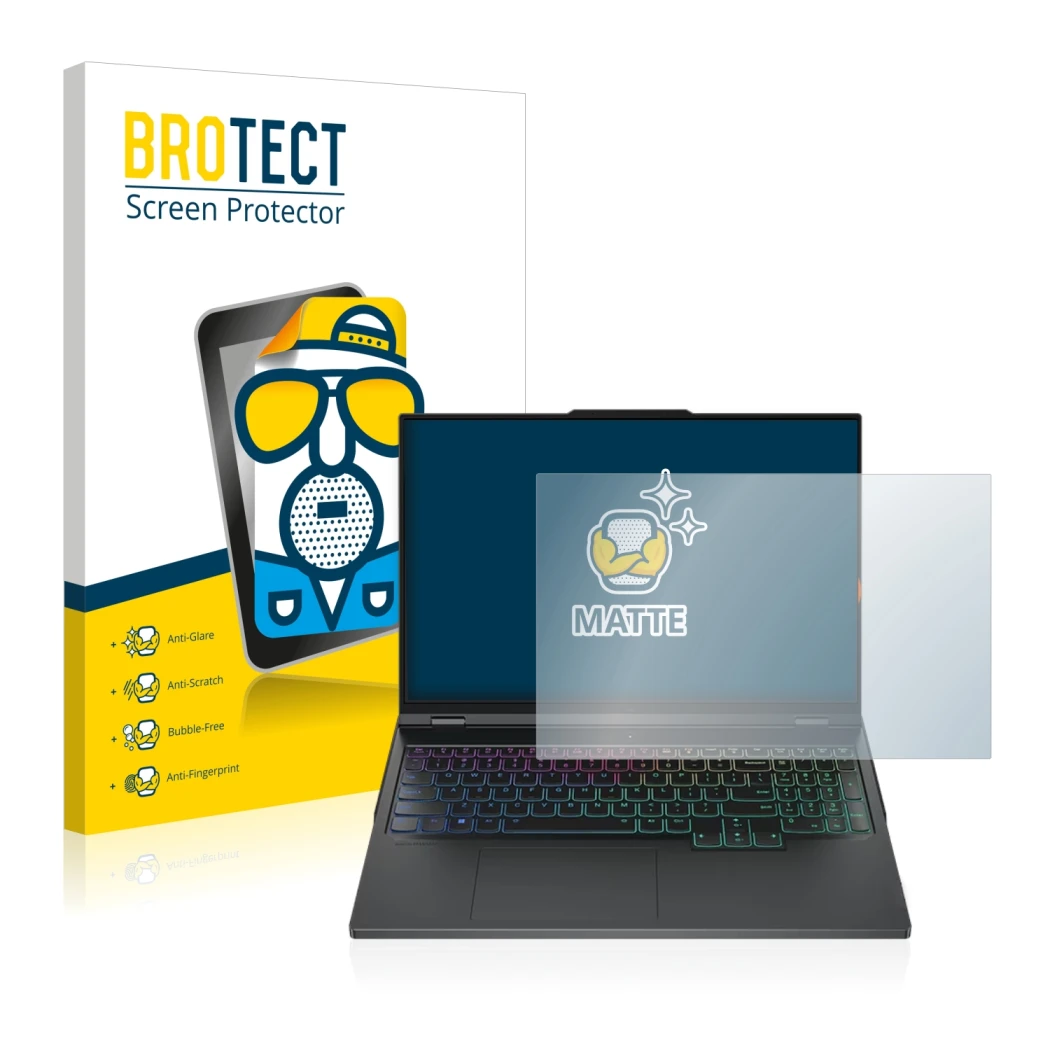 Front side of a product packaging with the brand logo BROTECT. Next to it is the device Lenovo Legion Pro 7 16