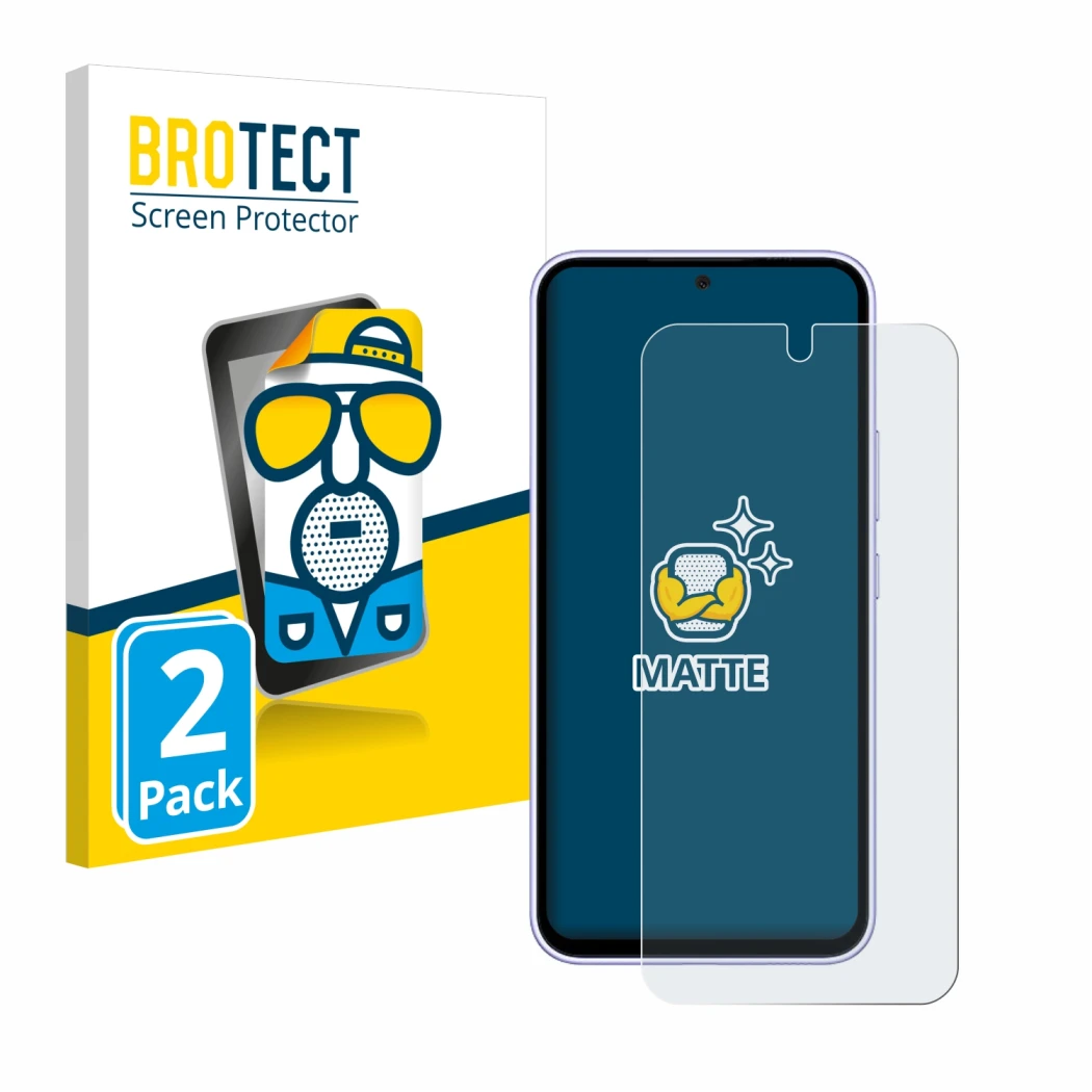 Front side of a product packaging with the brand logo BROTECT. Next to it is the device Samsung Galaxy A54 5G shown with the c