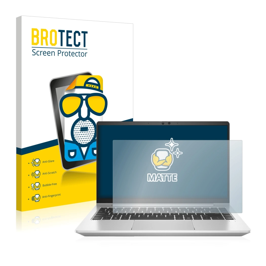 Front side of a product packaging with the brand logo BROTECT. Next to it is the device HP ProBook 445 G8 shown with the corre