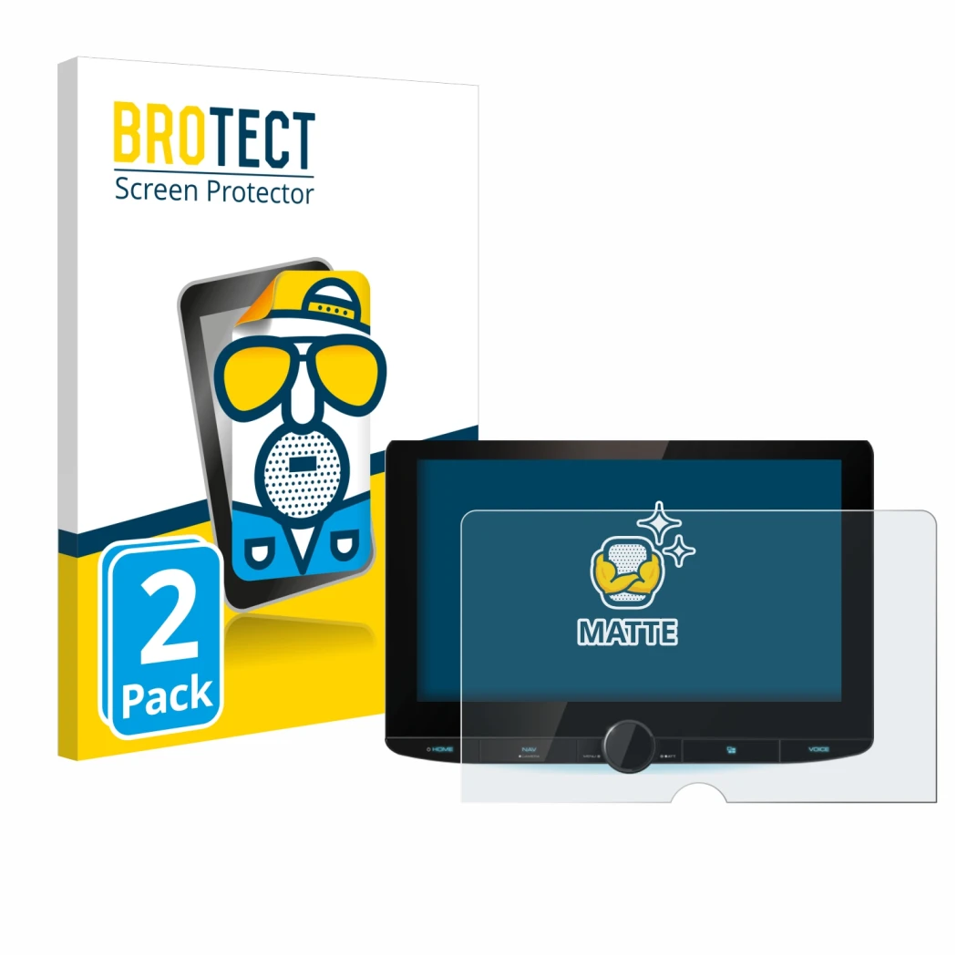 Front side of a product packaging with the brand logo BROTECT. Next to it is the device Kenwood DNR992RVS shown with the corre