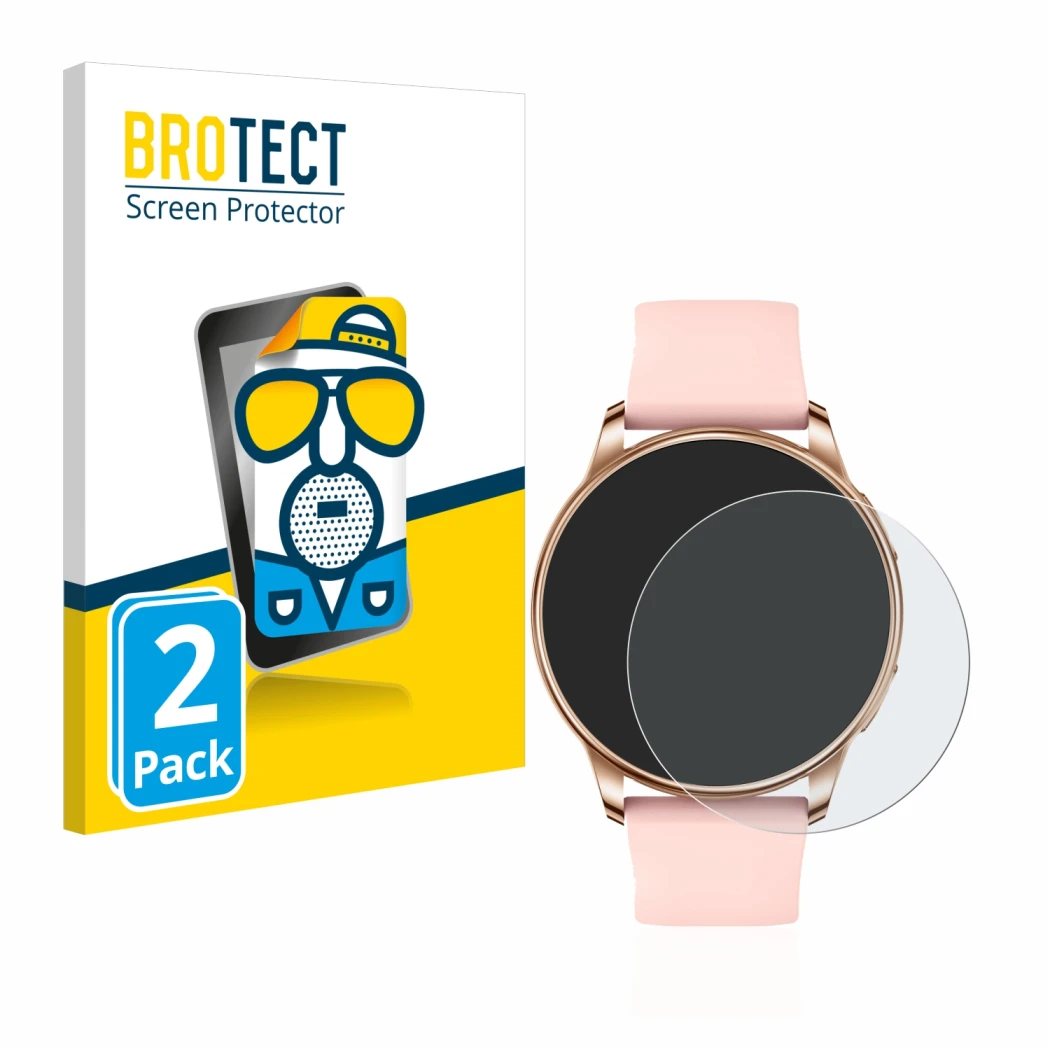 Front side of a product packaging with the brand logo BROTECT. Next to it is the device Levowatch F2 shown with the correspond