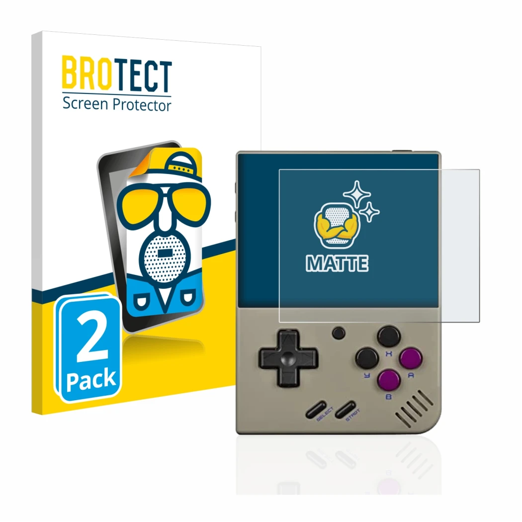 Front side of a product packaging with the brand logo BROTECT. Next to it is the device Miyoo Mini Plus shown with the corresp