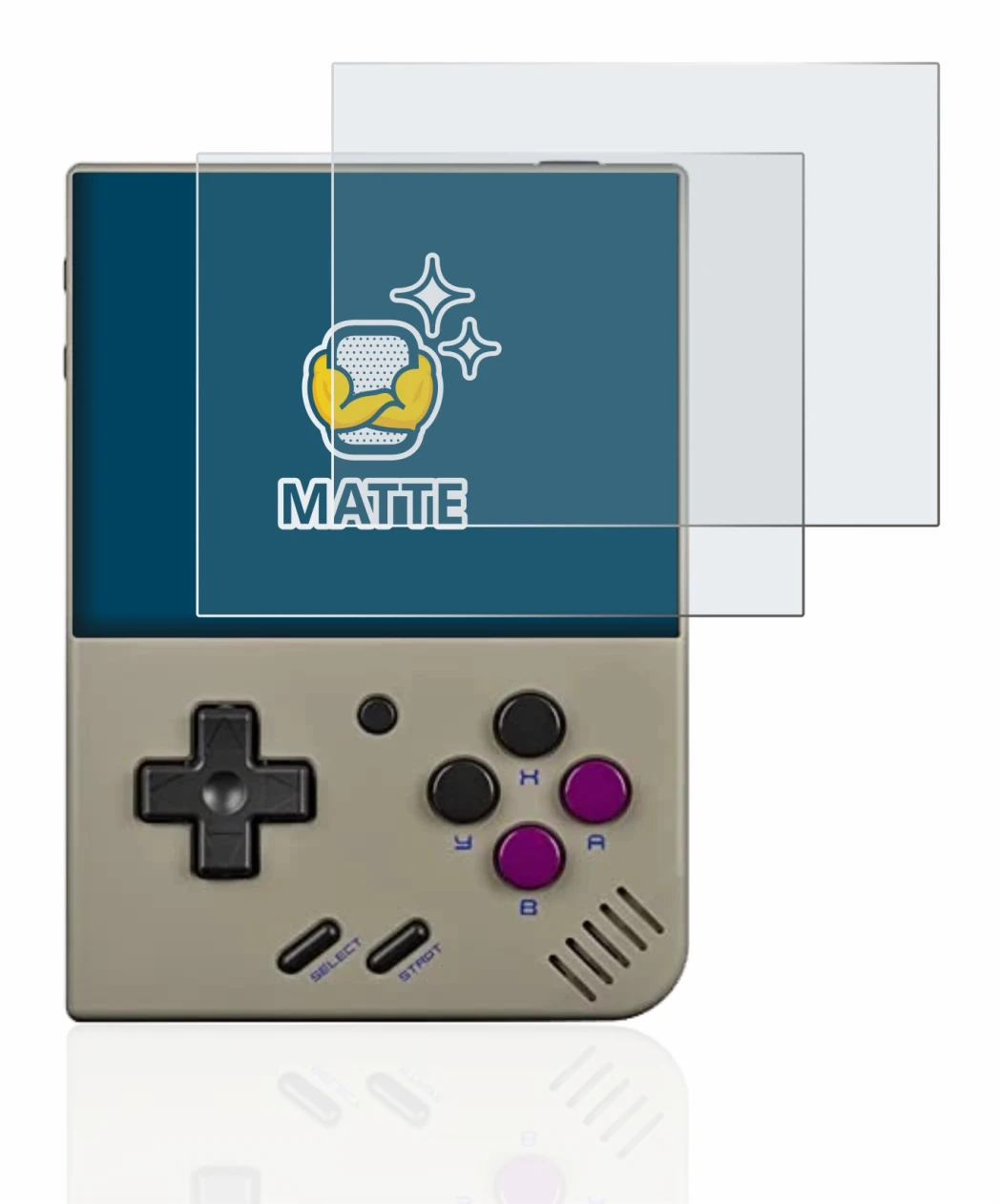 Image of the device Miyoo Mini Plus with a wide variety of screen protectors.