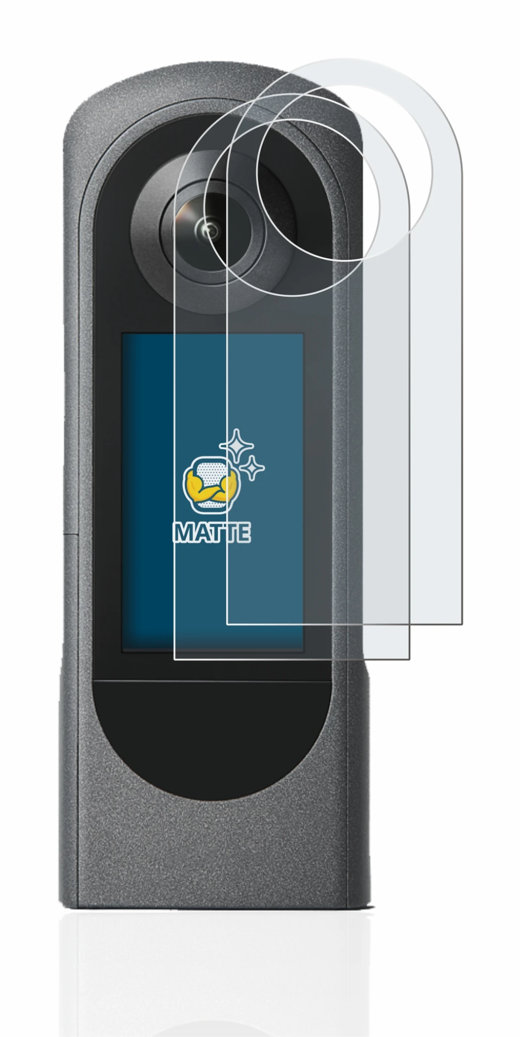 Image of the device Ricoh Theta X with a wide variety of screen protectors.
