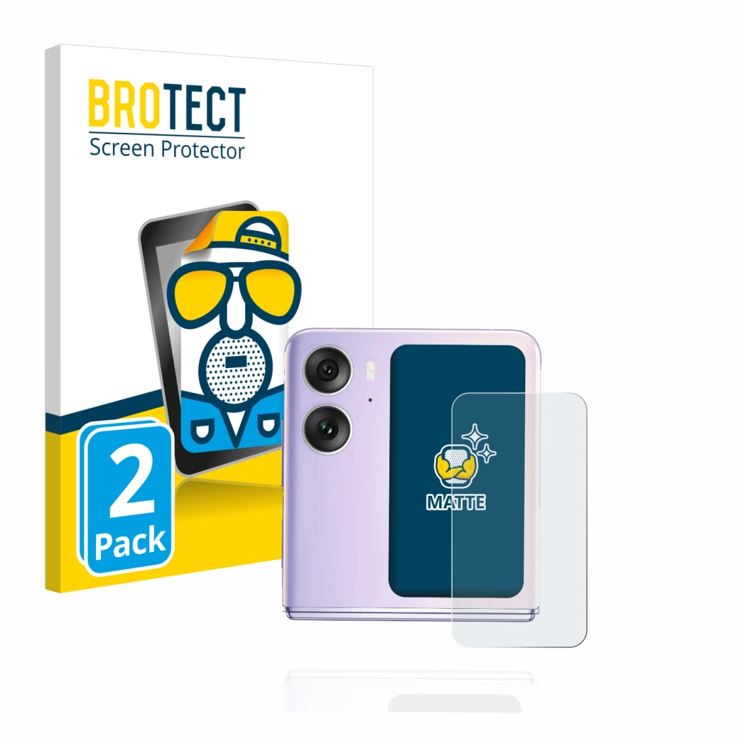 Front side of a product packaging with the brand logo BROTECT. Next to it is the device Oppo Find N2 Flip (Back display) shown