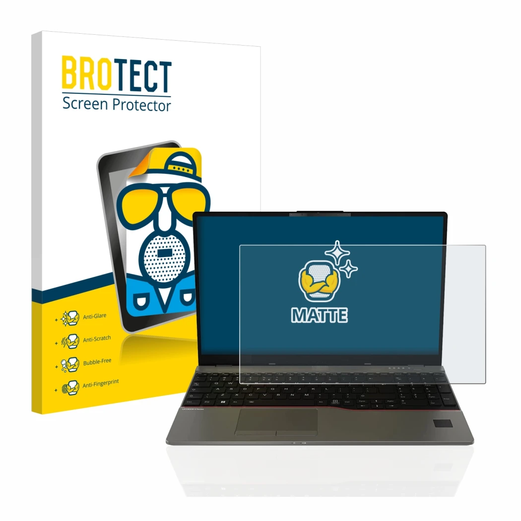 Front side of a product packaging with the brand logo BROTECT. Next to it is the device Fujitsu Lifebook U7512 shown with the 