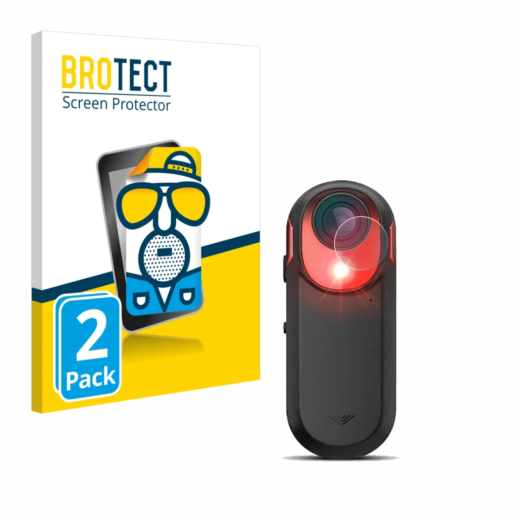 Front side of a product packaging with the brand logo BROTECT. Next to it is the device Garmin Varia RCT 715 shown with the co