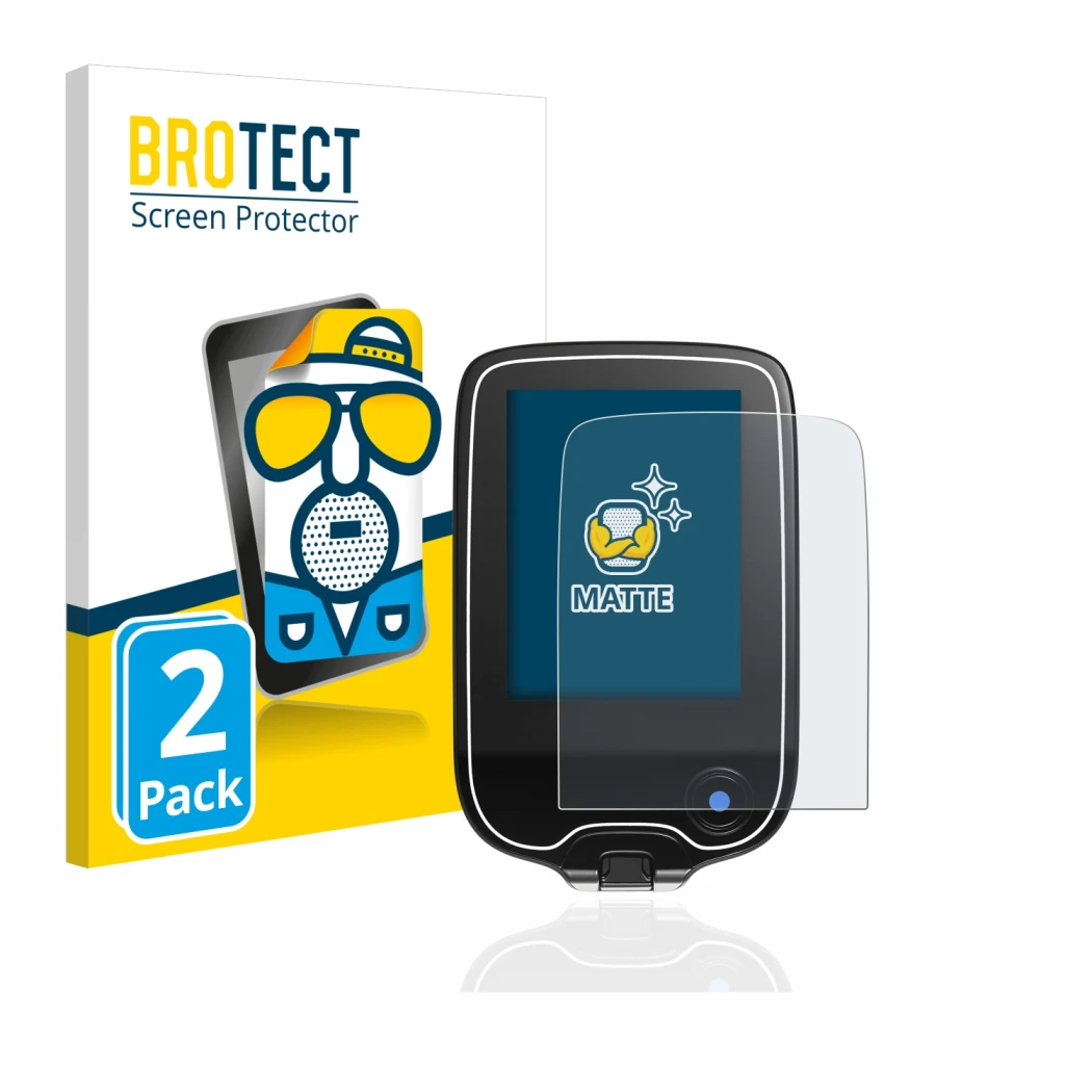 Front side of a product packaging with the brand logo BROTECT. Next to it is the device Freestyle Libre 3 shown with the corre