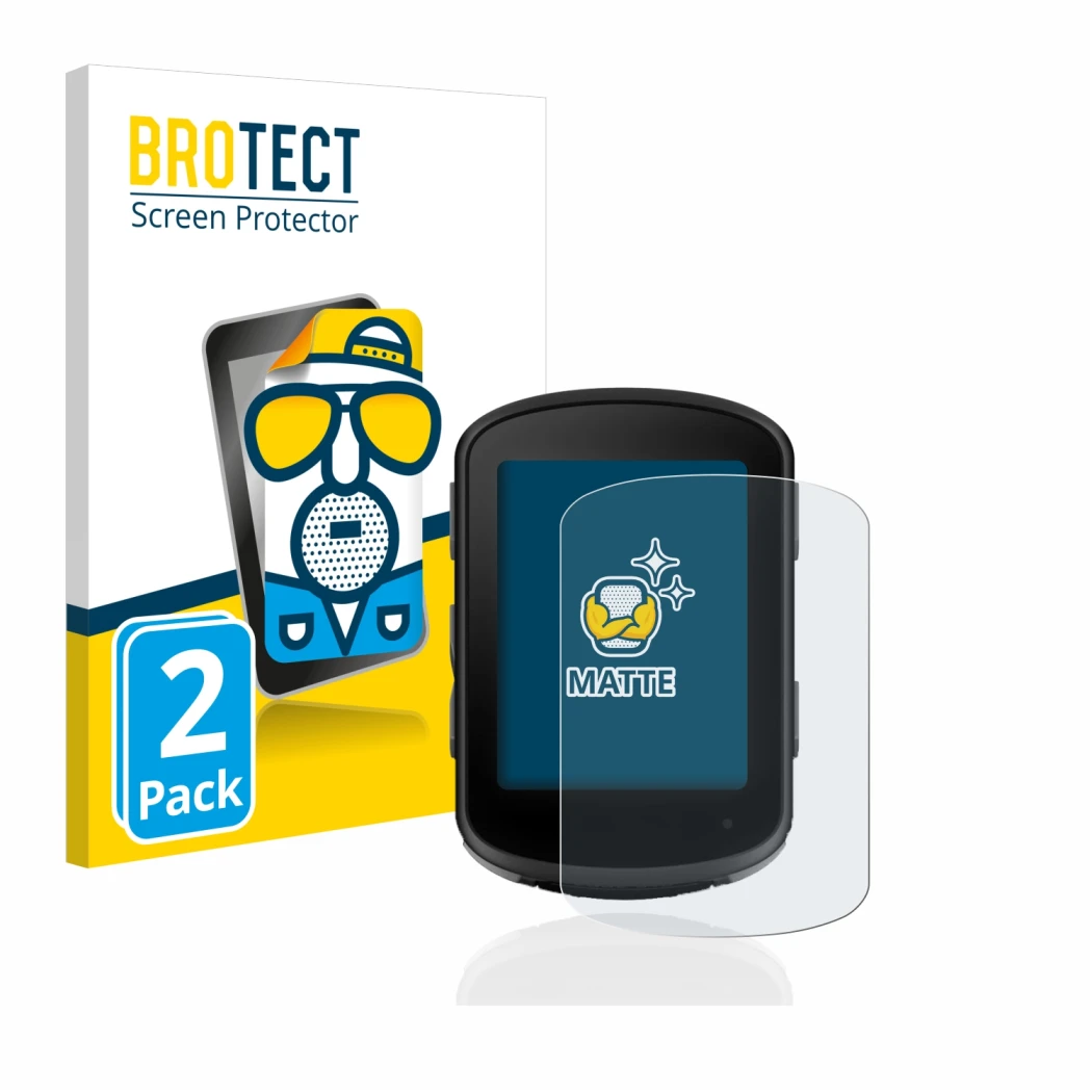 Front side of a product packaging with the brand logo BROTECT. Next to it is the device Garmin Edge 540 shown with the corresp