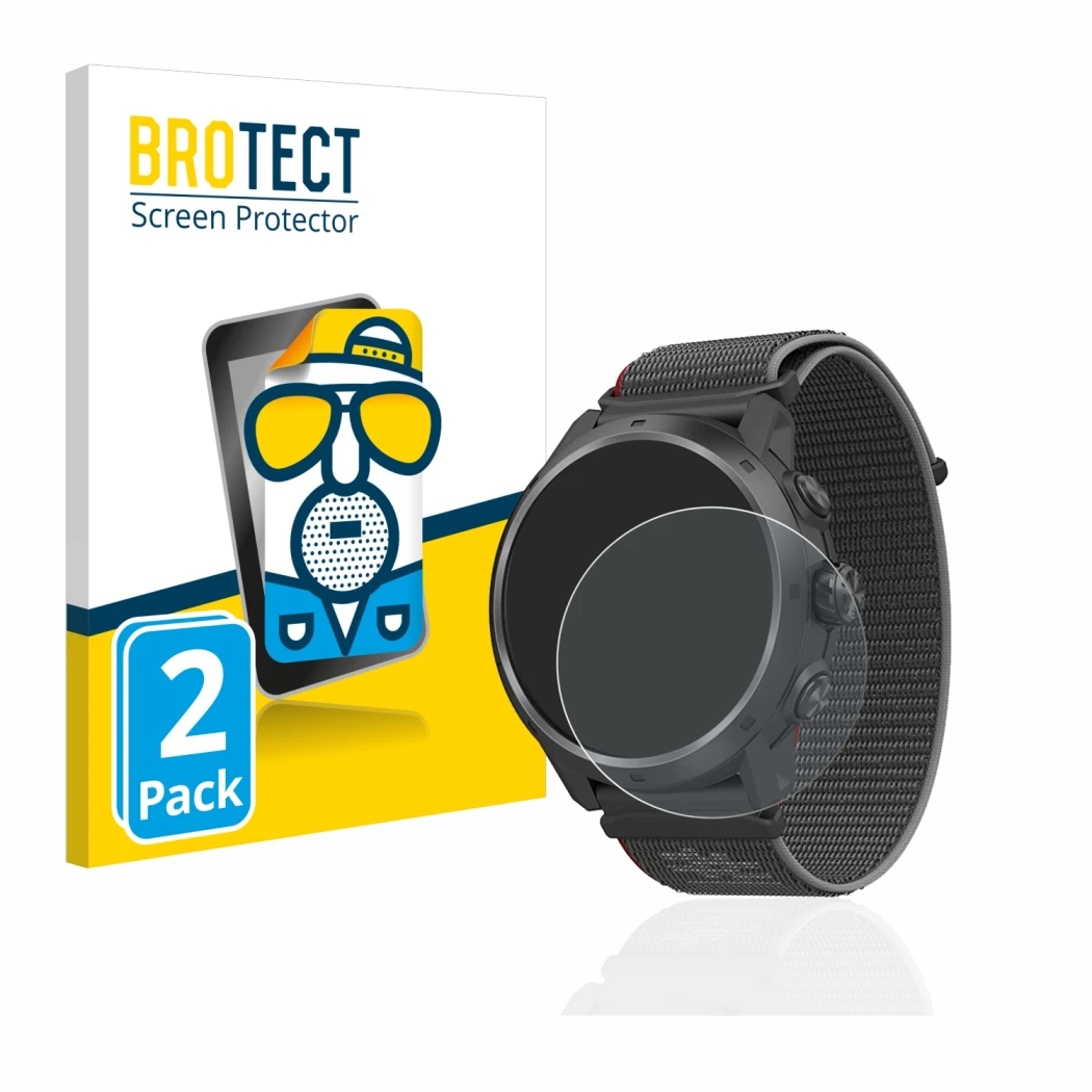 Front side of a product packaging with the brand logo BROTECT. Next to it is the device Coros Apex 2 Pro shown with the corres