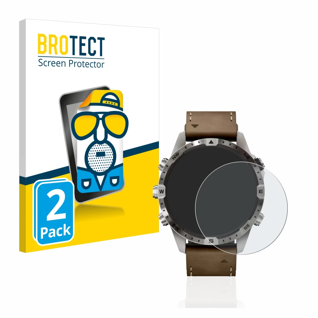 Front side of a product packaging with the brand logo BROTECT. Next to it is the device Garmin Marq Adventurer (Gen 2) shown w