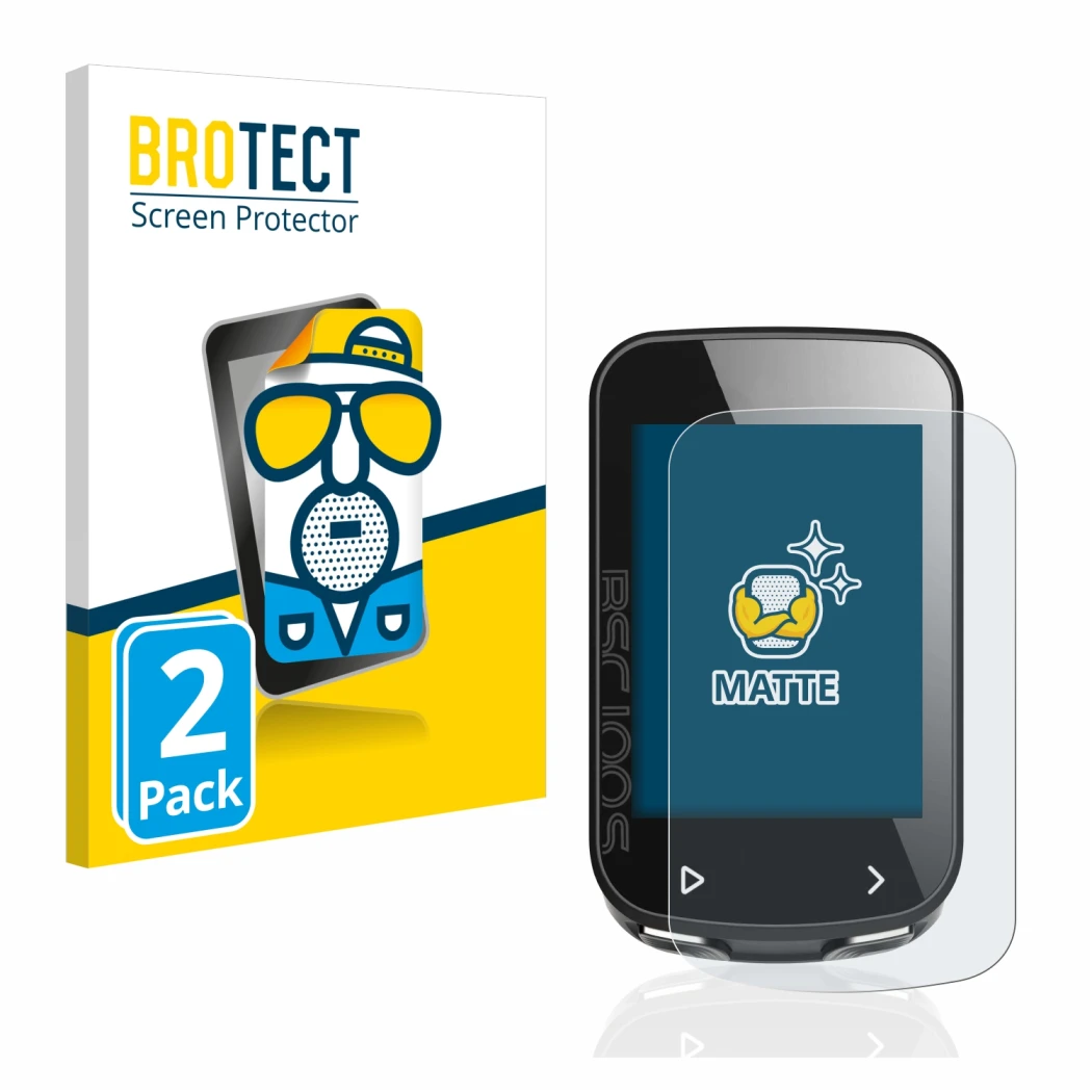 Front side of a product packaging with the brand logo BROTECT. Next to it is the device iGPSPORT BSC100S shown with the corres