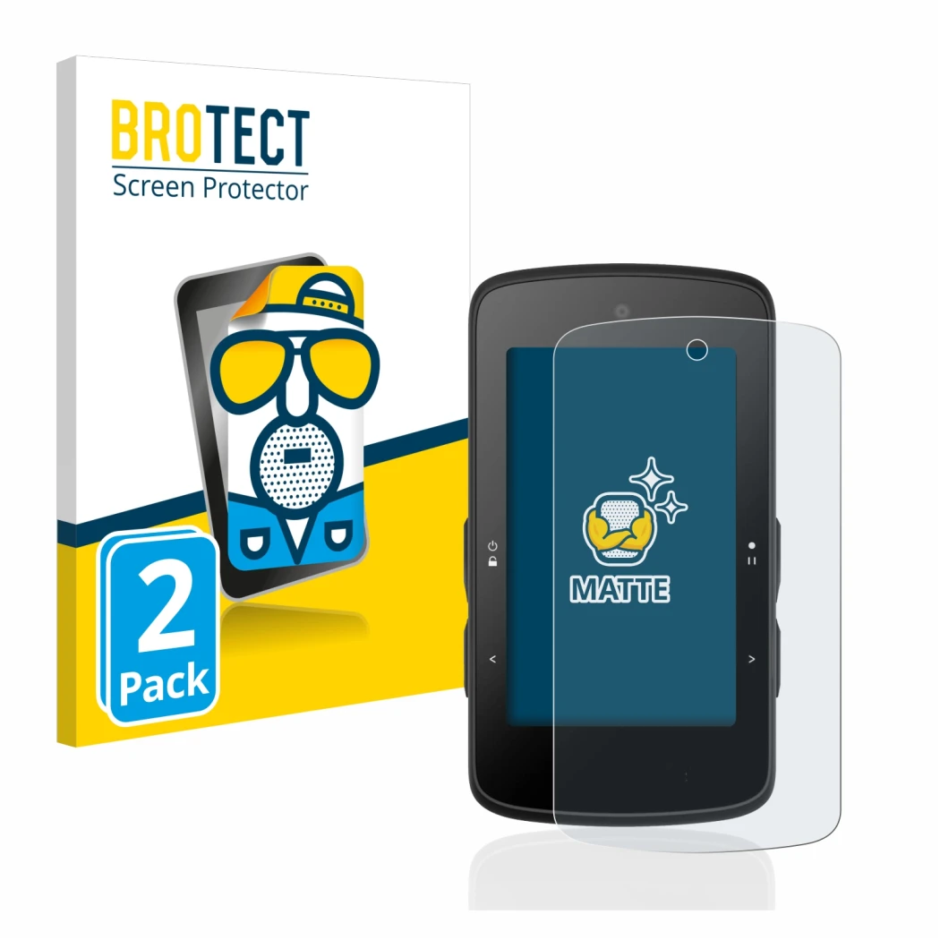 Front side of a product packaging with the brand logo BROTECT. Next to it is the device Bryton Rider 750 SE shown with the cor