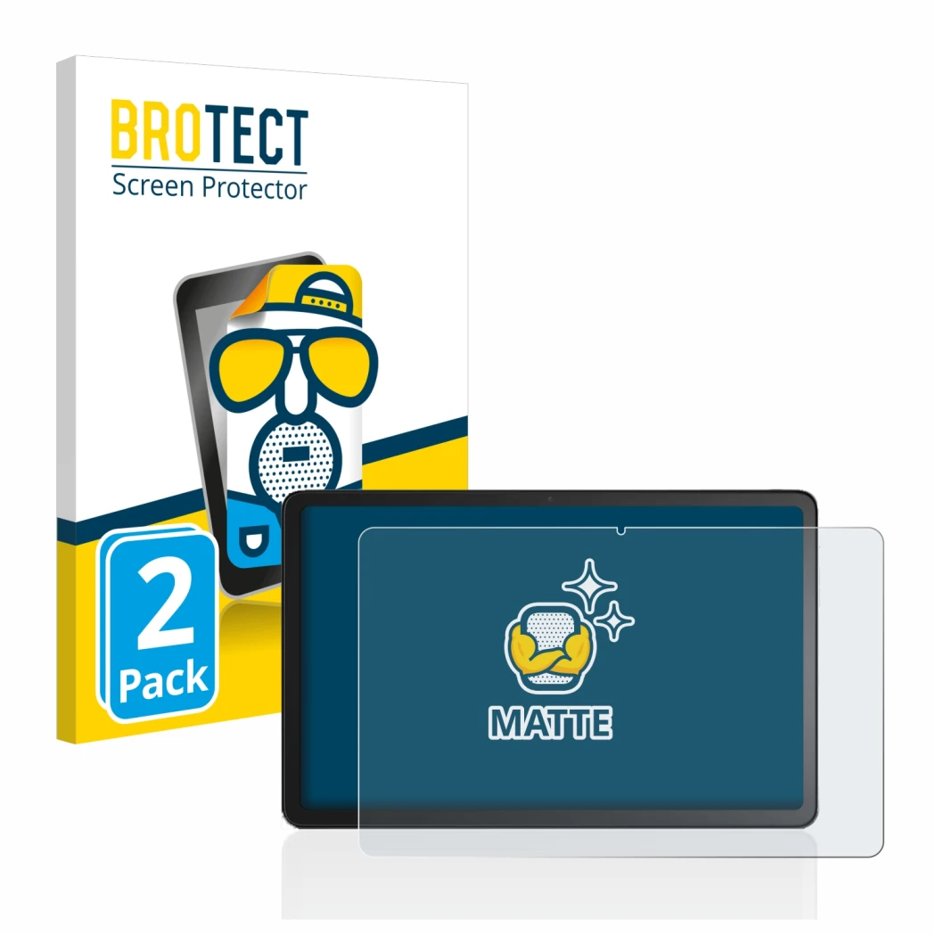 Front side of a product packaging with the brand logo BROTECT. Next to it is the device Amazon Fire Max 11 shown with the corr