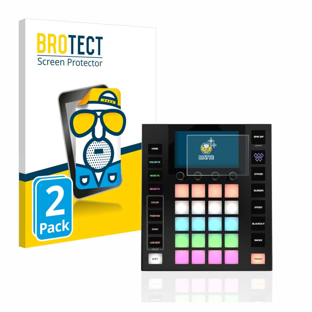 Front side of a product packaging with the brand logo BROTECT. Next to it is the device Wolfmix W1 shown with the correspondin