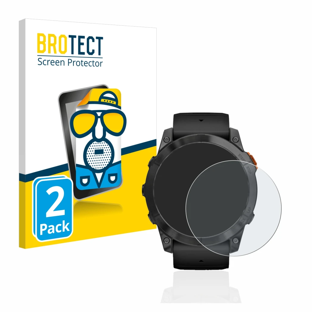Front side of a product packaging with the brand logo BROTECT. Next to it is the device Garmin Fenix 7X Pro Solar (51 mm) show